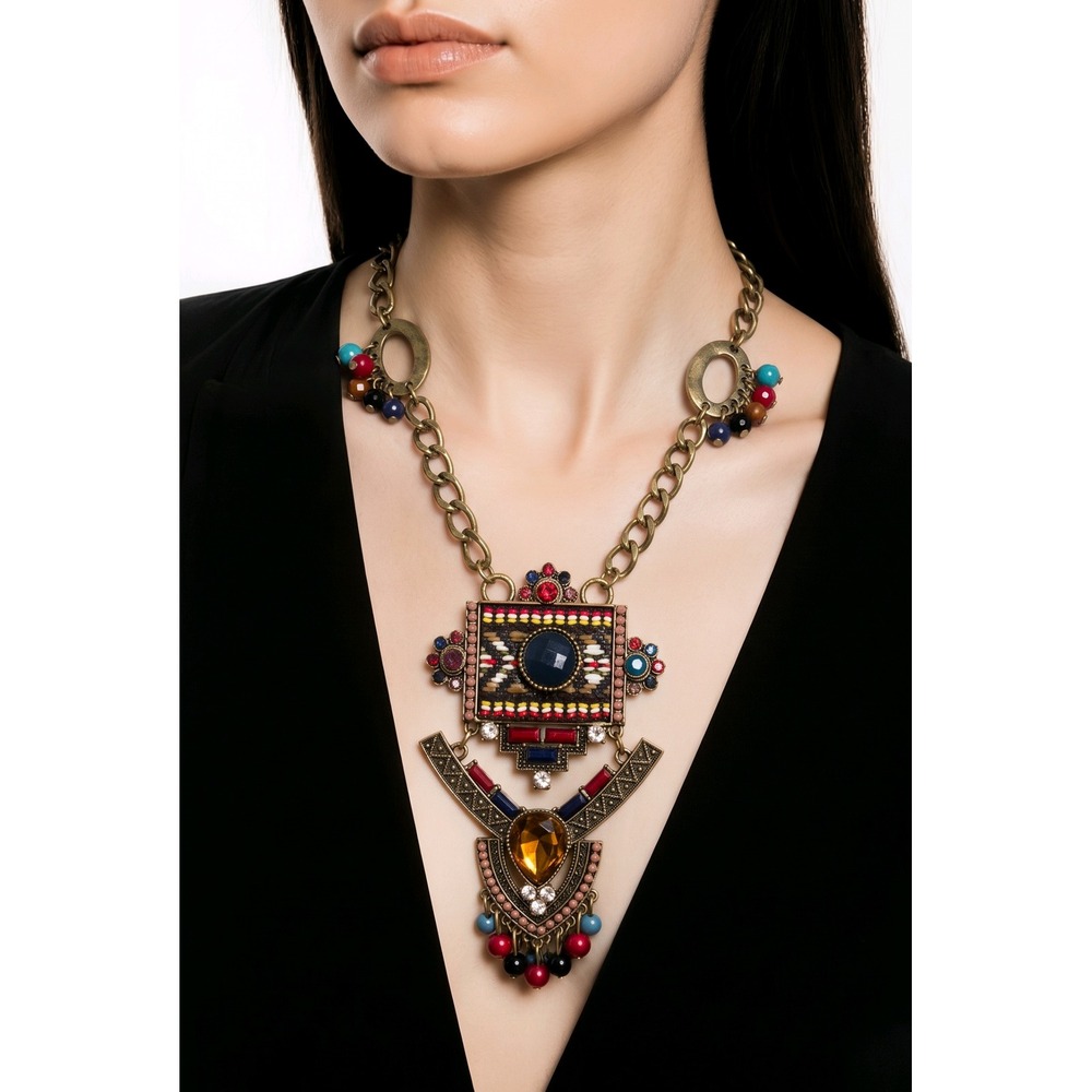 Statement Necklace 13" Oversized Goldtone Boho Tribal Bib Eclectic Maximalist
